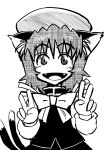 animal_ears bow cat_ears cat_tail chen greyscale hamahara_yoshio hamasan hat highres long_sleeves monochrome multiple_tails open_mouth short_hair solo tail touhou v 