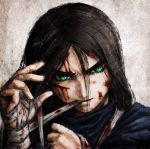  alice:_madness_returns alice_(wonderland) alice_in_wonderland american_mcgee&#039;s_alice american_mcgee's_alice bandage bandages black_hair bleeding blood blood_on_face ceramic_man cuts dress green_eyes highres injury long_hair mouth_hold solo 