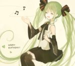  closed_eyes detached_sleeves green_hair hair_ribbon happy_birthday hatsune_miku long_hair mikanniro musical_note open_mouth ribbon sitting skirt solo thighhighs twintails very_long_hair vocaloid 
