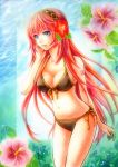  arm_behind_back bikini blue_eyes breasts cleavage flower front-tie_top hair_flower hair_ornament hairband hibiscus long_hair megurine_luka navel pink_hair sennco side-tie_bikini solo swimsuit traditional_media vocaloid 