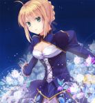  ahoge asarihamaguri blonde_hair breasts cleavage cleavage_cutout dress fate/stay_night fate/zero fate_(series) flower green_eyes hair_ribbon heart long_sleeves ribbon saber solo 