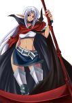  armor armored_dress belt blue_dress blue_hair cape choker circlet dress expressionless gekato greaves long_hair midriff navel prana red_eyes scythe skirt solo spectral_(series) spectral_force thigh-highs thighhighs white_background wide_hips 