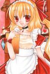  alternate_costume apron blonde_hair cake choker crystal dessert dress enmaided erisa flandre_scarlet food fruit maid maid_headdress open_mouth pastry pudding puffy_sleeves red_eyes ribbon short_hair short_sleeves side_ponytail smile solo strawberry touhou traditional_media tray wings 