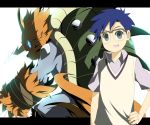  blue_eyes blue_hair digimon digimon_adventure fur glasses glowing glowing_eyes grey_eyes horn kido_jou lemon_(wzcrybmi) letterboxed male monster shell short_hair short_sleeves spikes zudomon 