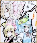  &#9320; &gt;:d :d ahoge alternate_headwear artist_name blonde_hair blue_eyes blue_hair blush bow cirno detached_wings earlgrey flandre_scarlet hair_bow hands_on_hips hat ice ice_wings multiple_girls necktie no_nose open_mouth puffy_sleeves red_eyes rumia shikishi short_sleeves side_ponytail smile star star-shaped_pupils sweatdrop symbol-shaped_pupils touhou traditional_media wings â‘¨ 