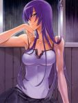  absurdres armpits bare_shoulders blue_eyes breasts busujima_saeko camisole chin_rest cleavage fingernails highres highschool_of_the_dead long_fingernails long_hair looking_at_viewer purple_hair rain satou_shouji scan skirt smile solo unbuttoned window 