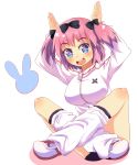  1girl blue_eyes bow breasts buruma cupen hair_bow hair_ornament hibari_(senran_kagura) highres leg_warmers open_mouth pink_hair senran_kagura short_hair smile solo sweatshirt twintails 