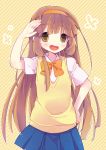  brown_eyes brown_hair hairband honey0x0x0 inazuma_eleven inazuma_eleven_(series) inazuma_eleven_go inazuma_eleven_go_chrono_stone long_hair nanobana_kinako open_mouth salute school_uniform skirt smile sweater_vest usamito 