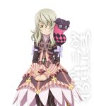  blonde_hair bow cropped_jacket doll dress elise_lutus frills green_eyes jewelry official_art pendant purple_dress ribbon short_hair smile tales_of_(series) tales_of_xillia tipo_(xillia) transparent_background v_arms white_background 