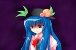  alphes_(style) blue_hair food fruit hat hinanawi_tenshi leaf long_hair ni_(ippozenshin) parody peach puffy_sleeves red_eyes solo style_parody touhou 