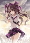  brown_hair cloud clouds hat himekaidou_hatate long_hair necktie pointy_ears pouch puffy_sleeves purple_eyes short_sleeves smile solo sumi_mi tokin_hat touhou twintails violet_eyes 