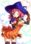  adjusting_hat alice_wishheart black_legwear bow breasts bucchake_(asami) choker dress gloves green_eyes hat heart heart_background magical_halloween orange_dress pink_hair pointing ribbon short_hair skirt smile solo thigh-highs thighhighs wink witch_hat 