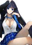  blue_eyes blue_hair breasts copyright_request large_breasts long_hair necktie open_clothes open_shirt plaid plaid_skirt pupps skirt solo thighs 