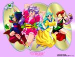  4girls ;d blue_eyes blue_hair boots bow breasts bridal_gauntlets dancing_blade dress green_hair hair_bow japanese_clothes kendama kijime_(dancing_blade) kimono long_hair low-tied_long_hair momohime_(dancing_blade) multiple_girls nayotake_(dancing_blade) official_art oinu_(dancing_blade) open_mouth orange_hair ponytail purple_eyes purple_hair rainbow sandals short_hair skirt smile socks title_drop violet_eyes wallpaper wink yellow_dress yukata 