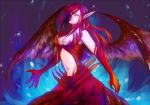  alternate_costume breasts claws cleavage demon_girl dress league_of_legends long_hair morgana multicolored_hair navel no_pupils pointy_ears purple_hair red_hair redhead solo white_eyes wings ymtoto 