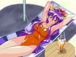  armpits arms_up breasts dancing_blade drink glass ice jpeg_artifacts long_hair looking_at_viewer lying momohime_(dancing_blade) on_back one-piece_swimsuit orange_swimsuit purple_eyes purple_hair scan smile solo straw swimsuit table violet_eyes 