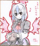  ahoge artist_name bird_wings blue_hair book detached_wings earlgrey head_wings long_sleeves low_wings multicolored_hair no_nose puffy_sleeves shikishi short_hair single_wing smile solo tokiko_(touhou) touhou traditional_media two-tone_hair white_hair wide_sleeves wings yellow_eyes 