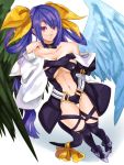  asymmetrical_wings bare_shoulders black_legwear blue_hair boots bow breasts choker detached_sleeves dizzy feathers foreshortening guilty_gear hair_bow jerun jnrghzrg long_hair navel open_mouth red_eyes ribbon solo tail tail_ribbon thigh-highs thighhighs twintails wings 