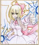  &gt;:d :d ahoge blonde_hair bow breasts earlgrey gengetsu hair_bow long_sleeves low_wings no_nose open_mouth ponytail puffy_sleeves red_eyes shikishi short_hair smile solo touhou touhou_(pc-98) traditional_media vest white_wings wings yellow_eyes 