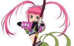  bow_(weapon) chelsea_torn gloves green_eyes hair_ornament hairpin long_hair midriff navel official_art pink_hair pointing serious solo tales_of_(series) tales_of_destiny twintails weapon white_background 