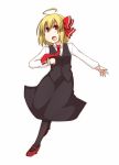  ahoge blonde_hair bow cross earlgrey fang hair_bow long_sleeves necktie no_nose open_mouth pantyhose red_eyes rumia short_hair simple_background solo touhou white_background 