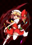  &gt;:d :d absurdres blonde_hair bow crystal earlgrey flandre_scarlet hat hat_bow highres laevatein navel no_nose open_mouth puffy_sleeves red_eyes short_hair short_sleeves side_ponytail smile solo thigh-highs thighhighs touhou weapon white_legwear wings zettai_ryouiki 