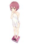  brown_eyes from_above full_body grey_hair looking_down nagato_yuki naked_towel nanabuluku scale short_hair solo suzumiya_haruhi_no_yuuutsu towel weighing_scale 