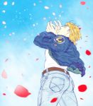 blonde_hair blue_jacket bomber_jacket jacket jeans keith_goodman mamemo_(daifuku_mame) perspective petals sky solo tiger_&amp;_bunny 