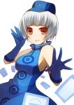  blue_dress breasts dress elevator_attendant elizabeth_(persona) gloves hat kujiran open_mouth persona persona_3 short_hair sideboob smile solo white_hair yellow_eyes 