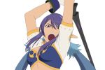  :o arms_up blue_hair judith long_hair official_art open_mouth payot pointy_ears polearm purple_eyes solo spear tales_of_(series) tales_of_vesperia twintails violet_eyes weapon white_background 