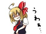  ahoge blonde_hair cross earlgrey hair_ribbon necktie open_mouth red_eyes ribbon rumia short_hair short_sleeves solo sweatdrop touhou translation_request white_background 
