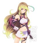  ahoge bandeau blonde_hair choker gloves green_hair hand_on_hip long_hair midriff milla_maxwell multicolored_hair navel official_art red_eyes skirt smile solo tales_of_(series) tales_of_xillia transparent_background two-tone_hair white_background 