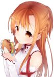  :t asuna_(sao) bare_shoulders blush brown_eyes brown_hair bust cheese_burger detached_sleeves eating food food_on_face hamburger hase_neet holding long_hair simple_background solo sword_art_online white_background 