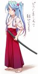  aya_shachou blue_hair blush character_request copyright_request gradient_hair hakama hand_on_hip highres japanese_clothes long_hair looking_at_viewer multicolored_hair ponytail purple_hair red_eyes solo sword tabi translation_request weapon 