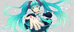  detached_sleeves foreshortening green_eyes green_hair hatsune_miku headset long_hair musical_note necktie open_mouth outstretched_arm sabutarou skirt solo twintails very_long_hair vocaloid 