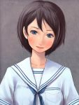  blue_eyes brown_hair bust face highres mole original school_uniform serafuku shigureteki short_hair smile solo 