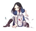  alice:_madness_returns alice_(wonderland) alice_in_wonderland american_mcgee's_alice apron black_hair blood bluerancel boots dress feathers green_eyes highres jewelry kneeling nail_polish necklace solo striped striped_legwear thigh-highs thighhighs 