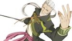  beard coat facial_hair grey_eyes long_hair low-tied_long_hair male mustache official_art old_man ponytail rapier rowen_j._ilbert smile solo sword tales_of_(series) tales_of_xillia transparent_background weapon white_background white_hair 