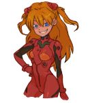  1girl blue_eyes bodysuit grin hair_ornament hand_on_hip kusada long_hair neon_genesis_evangelion orange_hair plugsuit smile solo soryu_asuka_langley souryuu_asuka_langley white_background 