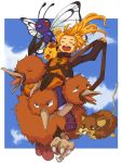  1girl bangs blonde_hair butterfree dodrio dugtrio happy long_hair open_mouth pikachu pokemon pokemon_(creature) pokemon_special ponytail raticate riding running sky smile suirerien yellow_(pokemon) 