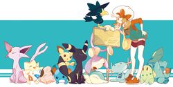  1girl aipom bow brown_hair cabbie_hat chikorita cleffa cyndaquil espeon hagiko hat hat_ribbon kotone_(pokemon) low_twintails marill murkrow overalls pichu pokemon pokemon_(creature) pokemon_(game) pokemon_hgss ribbon thigh-highs thighhighs togepi totodile umbreon white_legwear wooper 