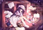  blush book bow breasts crescent hair_bow hat highres lamp library long_hair long_sleeves magic_circle open_mouth patchouli_knowledge purple_eyes purple_hair ribbon sitting smile solo touhou violet_eyes voile 