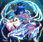  belt blue_eyes blue_hair bracelet breasts brown_hair cleavage dress earmuffs flower furorida hair_rings hair_stick highres jewelry kaku_seiga multiple_girls ritual_baton scabbard shawl sheath short_hair touhou toyosatomimi_no_miko vest 