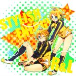 1girl alternate_hairstyle aqua_eyes bandaid black_legwear blonde_hair brother_and_sister buruma grin gym_uniform hair_ornament hairclip headphones kagamine_len kagamine_rin kneehighs open_mouth ponytail project_diva project_diva_f ryou_(fallxalice) short_hair siblings sitting smile track_jacket twins vocaloid wink 