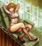  arms_behind_head arms_up boots breasts brown_hair copyright_request red_eyes shijima_(tanfn) short_hair short_shorts shorts solo thighs 