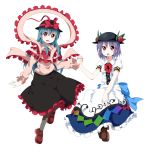 blue_hair capelet cosplay costume_switch food fruit hat hinanawi_tenshi hinanawi_tenshi_(cosplay) holding_hands leaf long_hair long_sleeves multiple_girls nagae_iku nagae_iku_(cosplay) pantyhose peach puffy_sleeves purple_hair red_eyes ribbon shawl short_hair short_sleeves skirt touhou tsurukou_(tksymkw) white_background