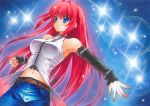  aozaki_aoko bare_shoulders blue_eyes blush_stickers breasts detached_sleeves halterneck jeans large_breasts long_hair mahou_tsukai_no_yoru navel red_hair redhead smile solo sparkle very_long_hair yuto_cafe 