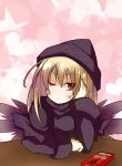  blonde_hair blush earlgrey fairy_wings hat heart lily_black long_hair long_sleeves no_nose pocky red_eyes solo touhou wings wink 