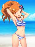  ;d armpits arms_up bikini blush breasts brown_hair butterfly_hair_ornament cleavage hair_ornament hairpin jewelry long_hair mole necklace open_mouth ponytail purple_eyes sister_quest smile solo striped striped_bikini striped_swimsuit swimsuit tateha_(sister_quest) violet_eyes wink 