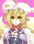 amua blonde_hair bust chinese_clothes face fox_tail hat looking_at_viewer multiple_tails neck_ribbon ribbon short_hair solo tabard tail touhou yakumo_ran yellow_eyes 